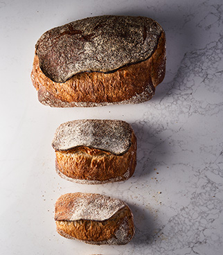 Three rectangular loaves of different sizes, with golden, floured crusts, arranged on a light surface.