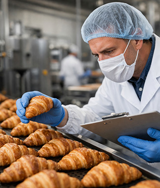 Une personne controle la qualité des croissants sur ligne industrielle