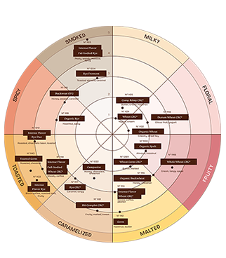 Circular diagram presenting an aromatic palette, with categories named smoky, milky, floral, fruity, malty, caramelized, toasted, and spicy, and references positioned in each area.