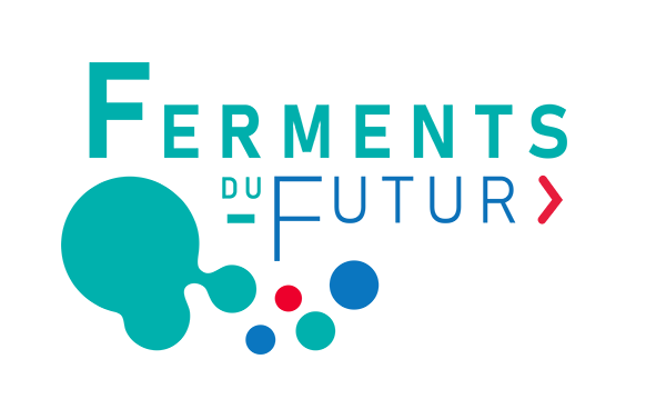 Logo « Ferments du Futur » avec typographie colorée et formes circulaires évoquant des micro-organismes sur fond transparent.